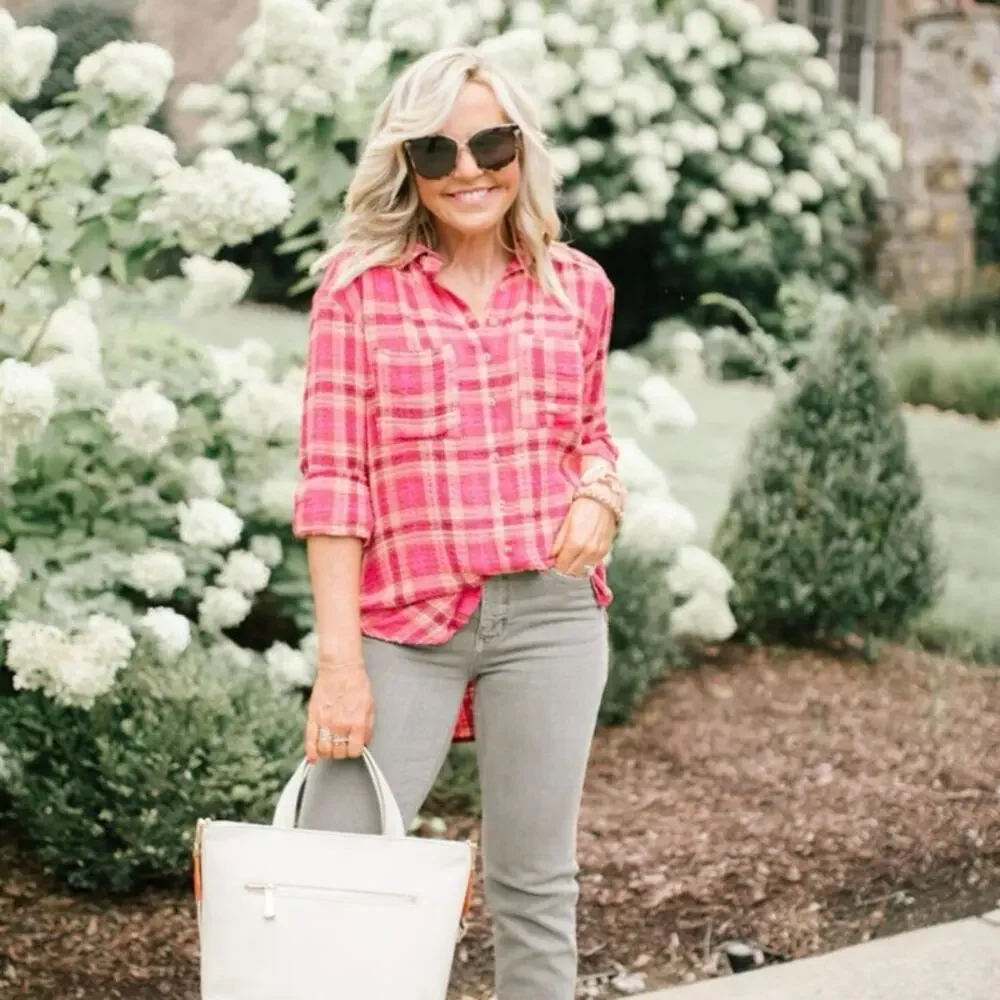 Pilcro Oversized Pink Plaid Seamed Buttondown Tunic Top Size XS - Picture 4 of 13